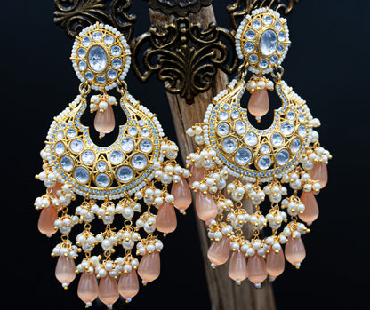 Chunky Kundan Style Earrings, Gold Plated and adorned with Vegan Pearls  ARUNIMA