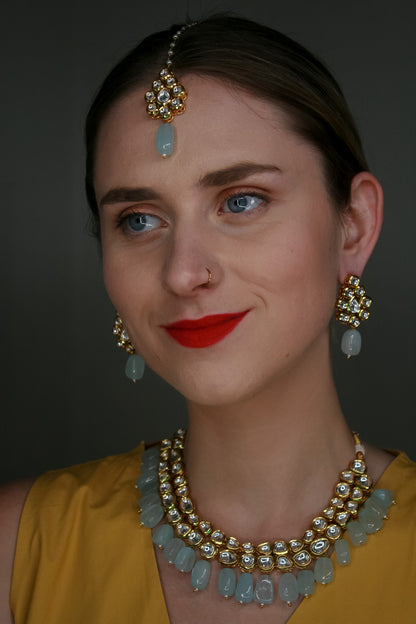 Crescent moon gold plated Necklace, Kundan stone Earrings & Maang Tikka NILIMA